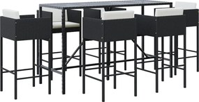 vidaXL Set bar de grădină, 7 piese, cu perne, negru, poliratan