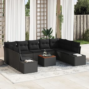 vidaXL Set de canapea pentru grădină format din 10 piese cu perne, din rattan sintetic negru și lemn de acacia