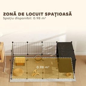 PawHut Cușcă Modulară pentru Animale Mici cu 2 Căsuțe Ridicate, Țarc cu 31 de Panouri, 140x70x52 cm, Negru | Aosom Romania