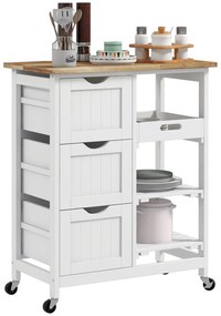 HOMCOM Servitor de bucătărie cu roți blat de lucru din lemn 3 sertare + 1 blat mobil 67 x 37 x 85,5 cm alb | Aosom Romania