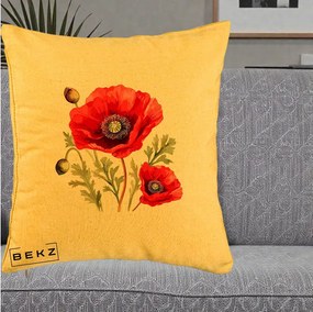 Perna Decorativa Maci Rosii Acuarela, 40x40 cm, Galben, Husa Detasabila, Perna Inclusa, BEKZ®