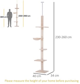 PawHut Centru de Joacă pentru Pisici cu Nivele Multiple, Hamac și Înălțime Reglabilă, 40x34x230-260cm, Bej | Aosom Romania