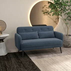 Canapea de 135cm pentru Dormitor cu 2 Locuri, Perne Decorative, Placaj si Otel, Tesatura moale, Albastru Inchis HOMCOM | Aosom Romania