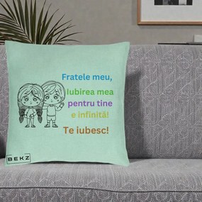 Cadou pentru Frate - Perna Personalizata Fratele Meu Te Iubesc Copii Anime Colorat, 40x40 cm, Verde Menta, Husa Detasabila, Perna Inclusa, BEKZ®