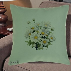 Perna Decorativa Buchet Margarete Albe Acuarela, 40x40 cm, Verde, Husa Detasabila, Perna Inclusa, BEKZ®