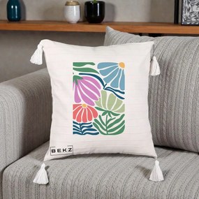 Perna Decorativa Flori Grafice Multicolore Modern, 40x40 cm, Bej cu Franjuri, Husa Detasabila, Perna Inclusa, BEKZ®