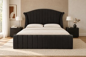 Pat tapițat din catifea Sorella Simple Line 180×200 cm, negru, cu ladă de depozitare