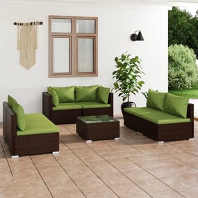 Set mobilier de gradina cu perne, 7 piese, maro, poliratan maro si verde, 4x mijloc + 2x colt + masa, 1