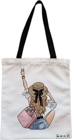 Sacosa de Panza pentru Cumparaturi, Geanta Tote, Travel Girl 7, Cu fermoar, 38x34.5 cm, Alba, BEKZ®