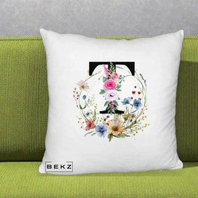 Cadou Personalizat - Perna Personalizata Monogram Litera T cu Flori Acuarela, 40x40 cm, Alb Pufos, Husa Detasabila, Perna Inclusa, BEKZ®