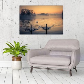 Tablou cu lebăde pe apă în ceață (90x60 cm)