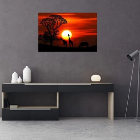 Tablou - Siluete animalelor la apus de soare (90x60 cm)