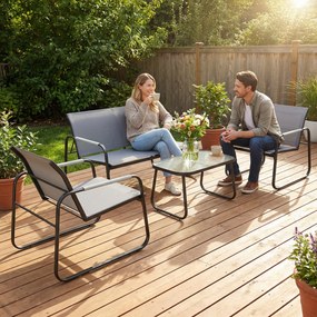 Outsunny Set de Grădină 4 Piese, Canapea cu 2 Locuri, 2 Fotolii, Măsuță din Sticlă Temperată, Gri | Aosom Romania