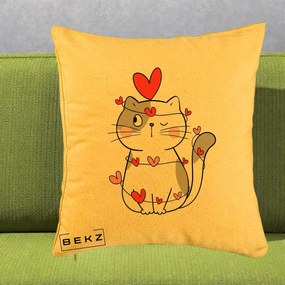 Perna Decorativa Pisica Kawaii cu Inimi, 40x40 cm, Galben, Husa Detasabila, Perna Inclusa, BEKZ®