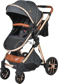 Carucior nou nascuti 2 in 1 NOVOKIDS™ Alma Gold PRO , Cu geanta bebe, Cadru Aluminiu , Amortizoare, Roti din cauciuc plin AVE, Landou, Modul sport,