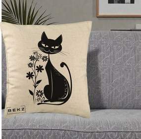Perna Decorativa Pisica Neagra Grafica Minimalista, 40x40 cm, Bej, Husa Detasabila, Perna Inclusa, BEKZ®