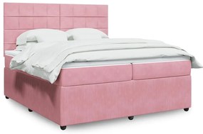 vidaXL Pat box spring cu saltea, roz, 200x200 cm, catifea