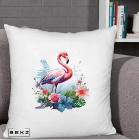 Perna Decorativa Flamingo cu Flori Tropicale Acuarela, 40x40 cm, Alb Pufos, Husa Detasabila, Perna Inclusa, BEKZ®
