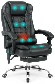 Scaun directorial cu Masaj si Incalzire, functie sezlong, suport picioare, piele PU, Negru