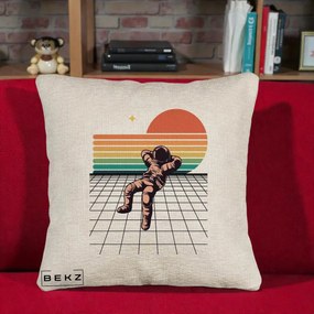 Perna Decorativa Astronaut Retro Space, 40x40 cm, Bej Canapea, Husa Detasabila, Perna Inclusa, BEKZ®
