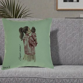 Cadou pentru Mama - Perna Personalizata Super Mom Jachete Roz, 40x40 cm, Verde, Husa Detasabila, Perna Inclusa, BEKZ®