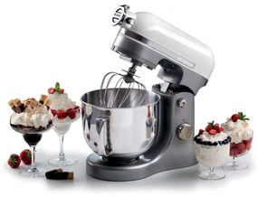 Mixer planetar Ariete MODERNA 1589/01, 3200W, 5.5 L, 11 viteze, Carcasa aluminiu masiv, Accesorii, Alb/Inox