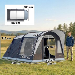 Outsunny Cort de Camping Tunel pentru 2-4 Persoane, Înălțime 213cm, cu 2 Camere, Cort Familial Impermeabil 3000mm cu Verandă, Ferestre, Buzunare, Cârlig și Geantă de Transport, Bleumarin | Aosom Romania