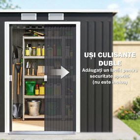 Outsunny Adăpost de Grădină Metalic în Alipire cu Kit de Fundație, Ușă Dublă, Ventilații și Acoperiș Înclinat, Gri | Aosom Romania