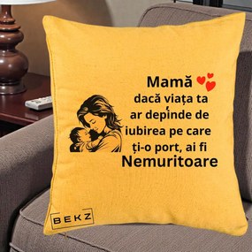 Cadou pentru Mama - Perna Personalizata Mama Nemuritoare Aproape de Bebe, 40x40 cm, Galben, Husa Detasabila, Perna Inclusa, BEKZ®