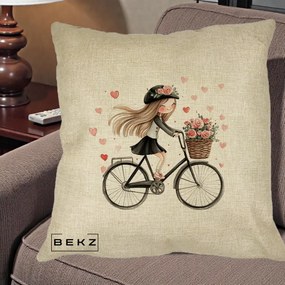 Perna Decorativa Fetita Kawaii pe Bicicleta cu Trandafiri si Inimioare, 40x40 cm, Crem, Husa Detasabila, Perna Inclusa, BEKZ®