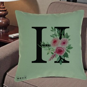 Cadou Personalizat - Perna Personalizata Monograma Florala Litera H cu Trandafiri Roz, 40x40 cm, Verde, Husa Detasabila, Perna Inclusa, BEKZ®