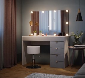 SEA445 - Set Masa toaleta, 115 cm, cosmetica machiaj, oglinda cu sau fara LED, masuta vanity, cu sau fara scaun - Alb - Gri