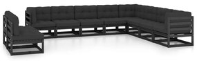 Set mobilier gradina cu perne, 10 piese, negru, lemn masiv pin Negru, 1, Da