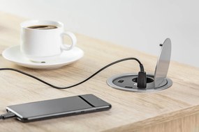 Priză încorporabilă în blat GTV, 1 priză Schuko, 2 porturi USB, argintiu, D:115 mm D:115 mm; H:90 mm, Argintiu, Metal/Plastic