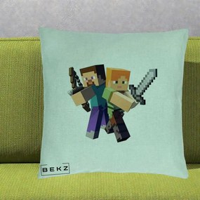 Perna Personalizata Minecraft Steve si Alex, 40x40 cm, Verde Menta, Husa Detasabila, Perna Inclusa, BEKZ®