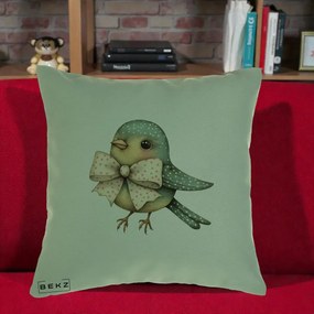 Perna Decorativa Pasare Teal cu Fundita cu Buline, 40x40 cm, Verde, Husa Detasabila, Perna Inclusa, BEKZ®