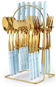 Set tacamuri din inox 24 piese, cu suport, TRENDY’S, blue-gold