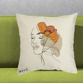 Perna Decorativa Portret Feminin Mac Mare Portocaliu, 40x40 cm, Ecru, Husa Detasabila, Perna Inclusa, BEKZ®