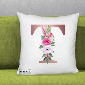 Cadou Personalizat - Perna Personalizata Monograma Rose Gold Litera T, 40x40 cm, Alb Pufos, Husa Detasabila, Perna Inclusa, BEKZ®