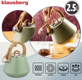 Ceainic cu fluier Klausberg KB 9062, 2,5 l, Otel inoxidabil, Maner care nu se incalzeste, Toate plitele inclusiv inductie, Verde