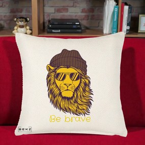 Perna Decorativa Leu Hipster Be Brave, 40x40 cm, Crem Reliefat, Husa Detasabila, Perna Inclusa, BEKZ®