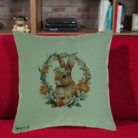Perna Decorativa Iepuras Floral Coronita Acuarela, 40x40 cm, Verde, Husa Detasabila, Perna Inclusa, BEKZ®