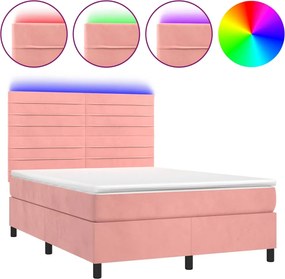 vidaXL Pat cu arcuri, cu saltea și LED, roz, 140x190 cm catifea