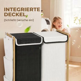 HOMCOM Coș de Rufe 2 Compartimente 120L cu Capace, Buzunare Laterale, Saci Detașabili pentru Dormitor | Aosom Romania