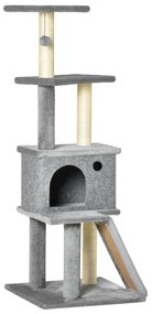 PawHut Copac pentru Pisici pe Mai Multe Niveluri cu Căsuță, Scară și Stâlpi din Sisal, Gri | Aosom Romania