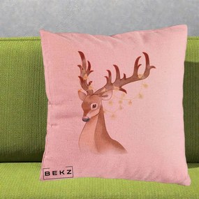 Perna Decorativa Ren cu Luminite de Craciun, 40x40 cm, Roz, Husa Detasabila, Perna Inclusa, BEKZ®