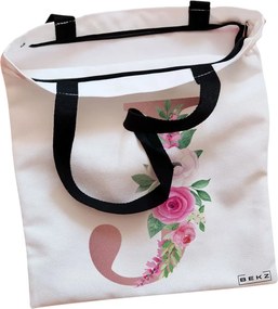 Sacosa de Panza pentru Cumparaturi, Geanta Tote, Cu litera J Rose Gold si Trandafiri, Cu fermoar, 38x34.5 cm, Alba, BEKZ®