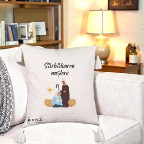 Perna Decorativa Nasterea Domnului Sfanta Familie Sarbatoarea Nasterii, 40x40 cm, Bej cu Franjuri, Husa Detasabila, Perna Inclusa, BEKZ®