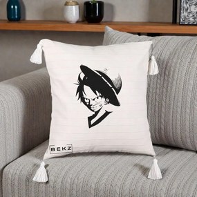 Perna Personalizata One Piece Luffy Silueta Alb-Negru, 40x40 cm, Bej cu Franjuri, Husa Detasabila, Perna Inclusa, BEKZ®