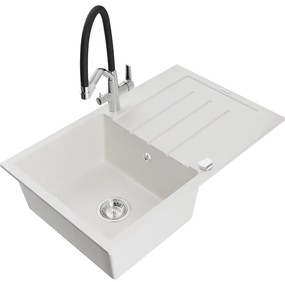 Mexen Bruno chiuvetă de granit cu un compartiment, cu picurător și baterie de bucătărie Duo, Albă - 6513-20-671701-07